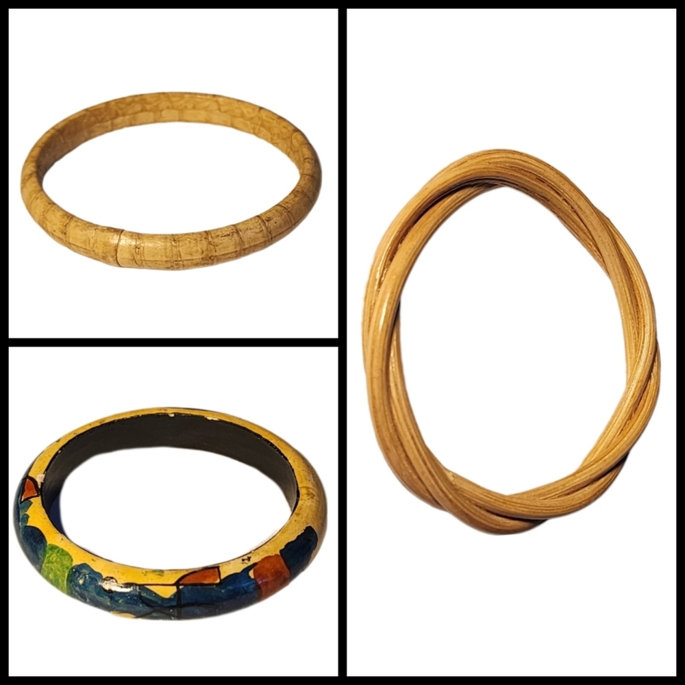 Vintage Handmade Natural Wood Bangle Bracelets (3)